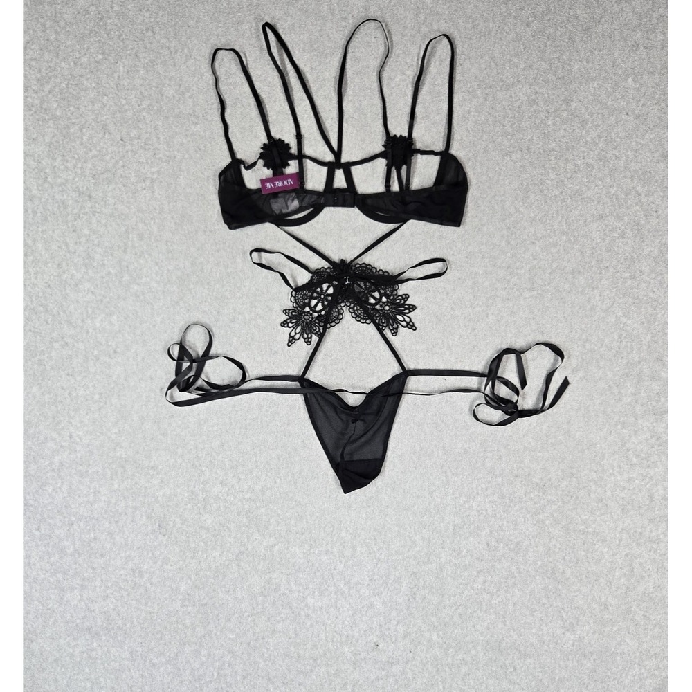 Adore Me Women Bra Medium Black Sashey Harness Underwired Lace Bodysuit Lingerie